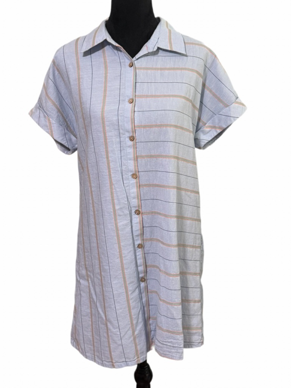 THML Light Blue and Tan Striped Button-Front Mini Dress